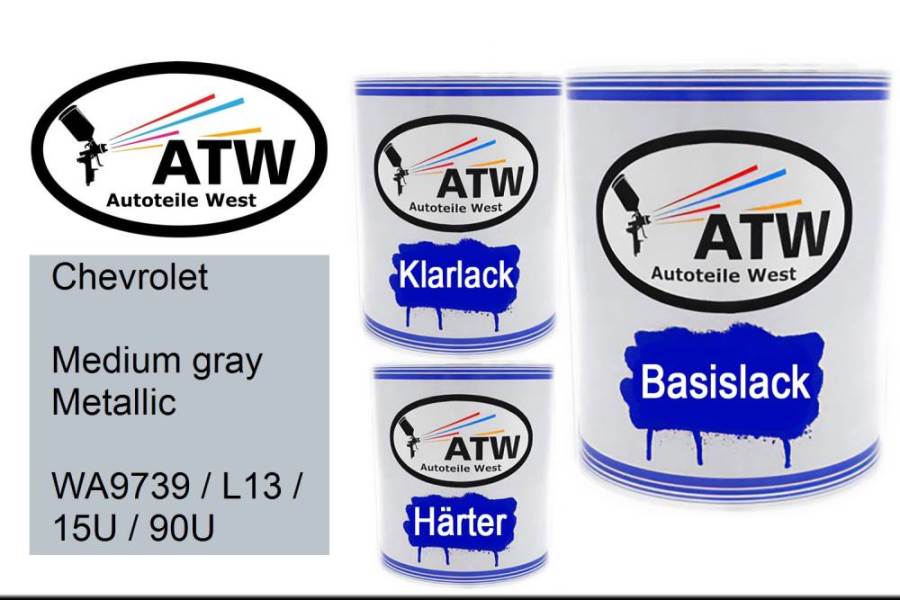 Chevrolet, Medium gray Metallic, WA9739 / L13 / 15U / 90U: 1L Lackdose + 1L Klarlack + 500ml Härter - Set, von ATW Autoteile West.